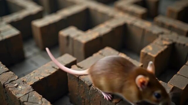 Tiny brown mouse navigating a maze, tiny brown mouse searches its way through complex brick structure, overcoming obstacles. Tiny brown mouse in metaphorical maze, symbolizing problem-solving,