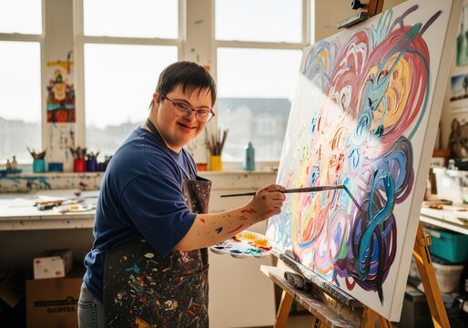 A smiling artist with Down syndrome paints a vibrant abstract masterpiece in a bright, sunlit art studio.
