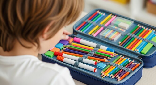 Over-the-Shoulder View of Child Looking into Full Pencil Case