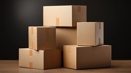 Fototapeta premium A stack of cardboard boxes on a black background, minimalist packaging mockup template for ecommerce delivery service, online shopping logistics and shipping concept