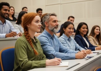 A diverse group of attentive students, including adults and young people, listens intently in a bright lecture hall, taking notes and engaging in learning.