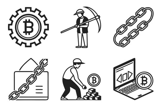 Bitcoin Mining and Blockchain Technology Icons.