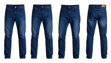 Four views of a pair of dark wash blue jeans