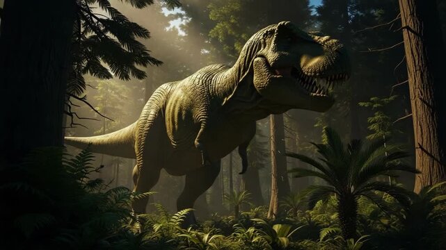 Tyrannosaurus Rex in prehistoric forest. Explore ancient wilderness and a Tyrannosaurus Rex in natural habitat. This ancient scene shows Tyrannosaurus Rex in lush jurassic landscape,