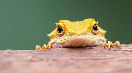 Curious yellow bearded dragon peeking over a branch