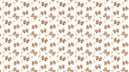 A repeating pattern of watercolor bows and small sprigs of leaves on a white background design element