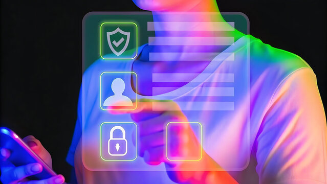 digital kyc verification with biometric scan, id authentication, and financial security icons representing identity verification, secure onboarding, fraud prevention, and compliance vouch