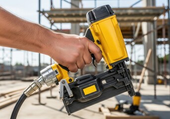 A person's hand firmly holds a yellow pneumatic nail gun at a construction site, with scaffolding visible in the background.