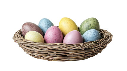 &bull; A set of colorful Easter eggs in a woven basket, isolated on white background in HD 