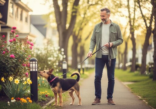Man walking a chocolate Labrador on a leash down a charming street lined with vibrant flowers. Vibrant pink roses and yellow flowers bloom beside a modern lamppost, and sunlit houses and trees line th