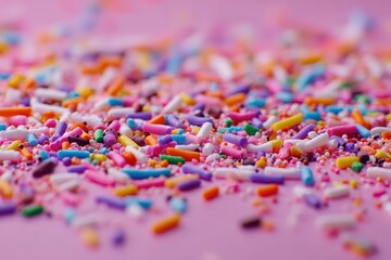 Obraz premium Colorful sprinkles are scattered on a light pink surface, focus is sharp on the foreground