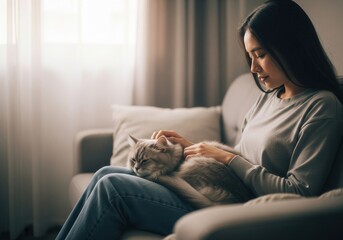 A serene woman pets a fluffy cat resting on her lap in a sunlit living room. Natural light streams from a window in the background, creating a calm and cozy domestic scene.