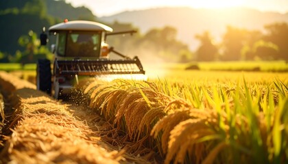 Tractor harvesting rice in a golden field at sunrise