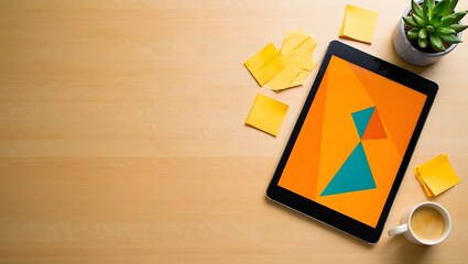 tablet mock up on wooden table , blank note paper 