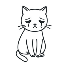 Sad cartoon cat with tearful eyes on white background