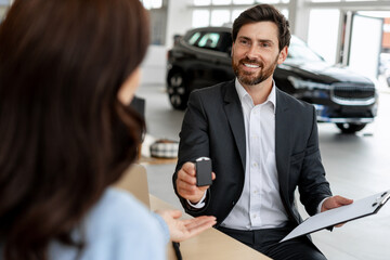Car salesman giving car keys to a client in a dealership