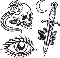 Black and White Traditional Tattoo Style Set with Skull, Snake, Dagger, Rose and Moon Elements