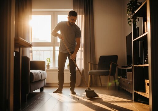A bearded man sweeps dust and debris from a wooden floor in a sunny living room.Sunlight streams through a large window, illuminating dust on the floor, showing a domestic cleaning scene. - Powered by Adobe
