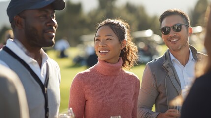 Three diverse adults enjoy a sunny day at a golf event. A black man, a young Asian woman, and a Hispanic man engage in conversation, with a blurred golf course in the background.