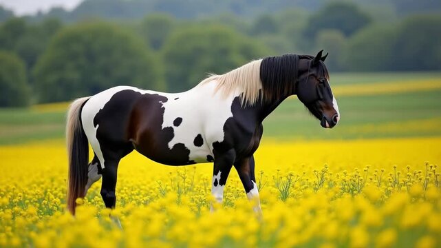 Side view of a beautiful Paint horse in a field with bright yellow flowers. This stunning Paint horse stands gracefully, showcasing its unique markings and muscular build in vibrant nature.