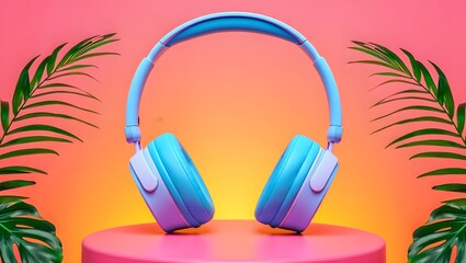 Headphones surrounded by colorful palm leaves against a vibrant  background