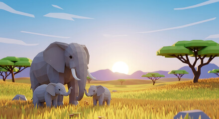 A low-poly 3D render of a family of elephants, including an adult and two calves, standing in a golden savanna landscape with acacia trees and distant mounta...
