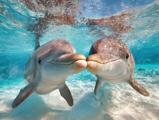 Fototapeta premium Pair of dolphins sharing a playful nose-to-nose interaction in shallow turquoise waters, capturing a tender moment of connection and marine affection