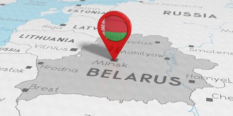 Belarus, Minsk - location pin with national flag on political map - 3D illustration