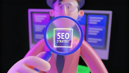 business seo strategy search engine optimization concept businessman and magnifying glass with seo strategy text search engine technology