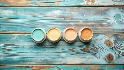 A row of colorful paint pots on a rustic wooden table surface