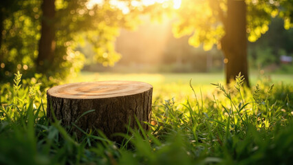 Tree stump in a grassy meadow with sunlight shining through the trees creating a warm and natural outdoor scene