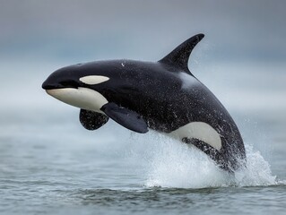 Fototapeta premium Powerful orca breaching the ocean surface in mid-leap, showcasing its strength, agility, and the commanding presence of this iconic marine predator