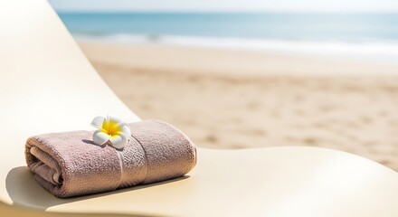 Soft towel with frangipani flower on sunbed at tropical beach resort, relaxing summer vacation