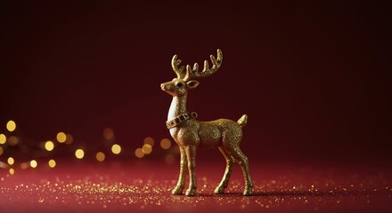 Golden reindeer figurine with festive background and sparkling lights  