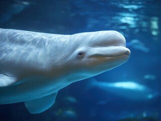 Fototapeta premium Close-up of a serene beluga whale gliding gracefully through the calm blue waters of its habitat, highlighting its gentle nature and smooth features