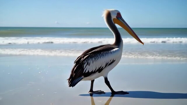 Majestic pelican on beach in sunny weather. Pelican portrait shows avian beauty and graceful movement along coastline. Pelican image conveys tranquility,