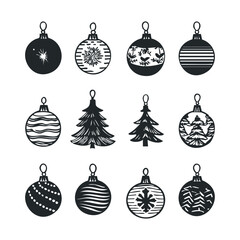 Decorative christmas ornaments and trees in black and white illustrations