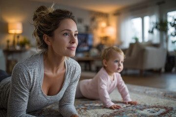 Young mother and baby doing yoga together on carpet