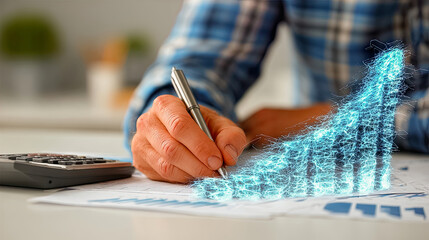 Rising blue light chart emerging from document while writing on financial analysis - Generated with AI