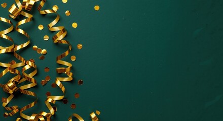 Gold confetti and ribbons on green background for celebrations  