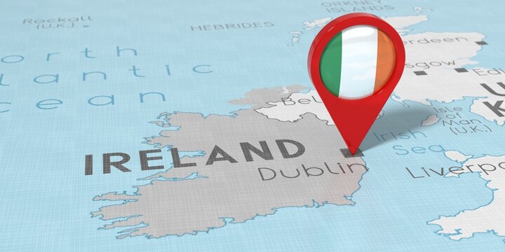 Ireland, Dublin - location pin with national flag on political map - 3D illustration