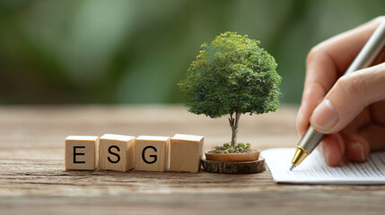 ESG: Environment, Society, Governance. Sustainable investments and growth with focus on green values. Hand writing on paper next to a tree and letter blocks.