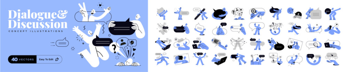 Plakat People illustrations set. Vector concept of online communication, customer support, feedback, chatting, social network.