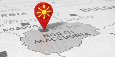 North Macedonia, Skopje - location pin with national flag on political map - 3D illustration
