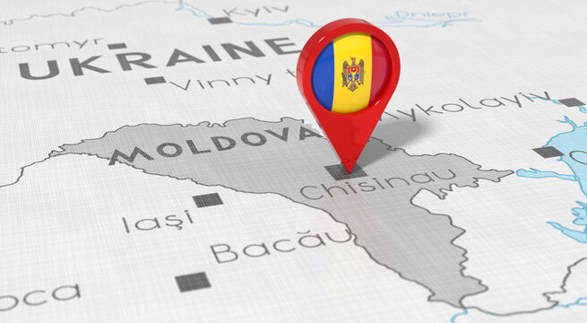 Moldova, Chisinau - location pin with national flag on political map - 3D illustration