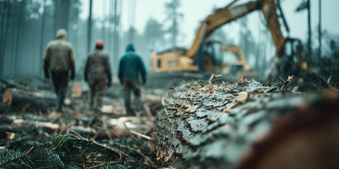 Industrial logging operation in a forest with men working in the background