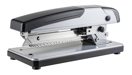 Paper cutter with a sharp metal blade and sturdy plastic or metal base, realistically rendered and fully isolated on a transparent PNG background &mdash; ideal for office supply visuals, crafting projects.