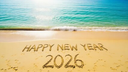 Happy New Year 2026 message written in sand on tropical beach. Happy New Year 2026 celebration with ocean waves gently lapping shore, golden sands, and bright blue sea. - Powered by Adobe