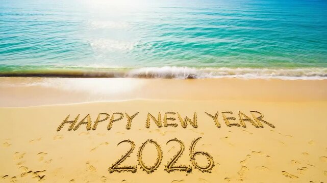 Happy New Year 2026 message written in sand on tropical beach. Happy New Year 2026 celebration with ocean waves gently lapping shore, golden sands, and bright blue sea.