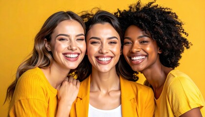 Fototapeta premium Joyful Women in Yellow: A Vibrant Portrait of Friendship